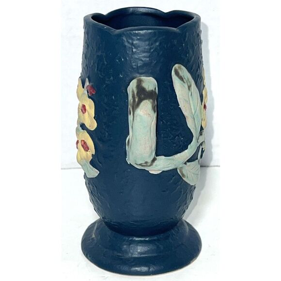 Roseville Pottery Reproduction Blue Rose Floral Flower Double Handle 6"x 5" Vase - Picture 3 of 8